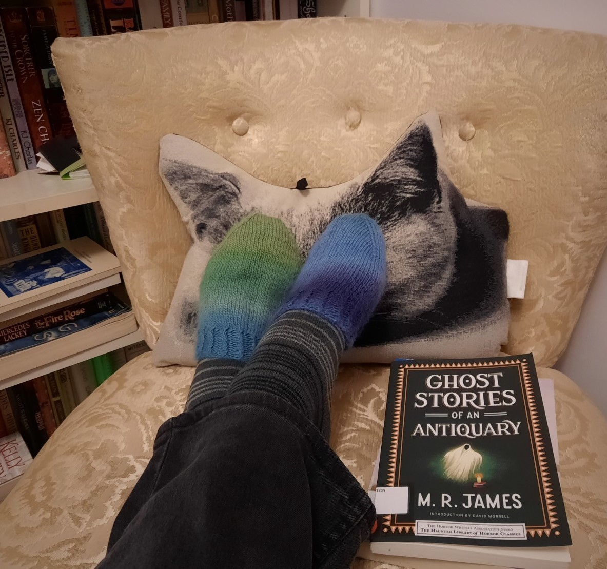 Two feet resting on a chair, wearing bright wool toe covers.